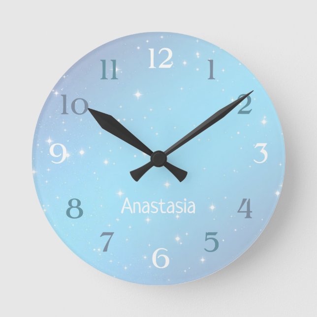 White Stars Over Colourful Sky With Name Round Clock (Front)