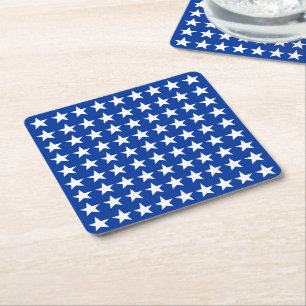 White Stars Pattern on Blue American Flag Theme Square Paper Coaster
