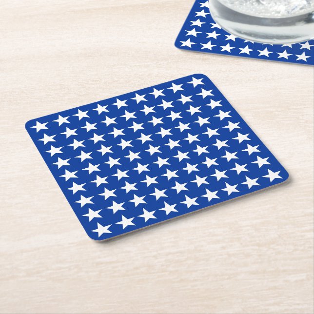 White Stars Pattern on Blue American Flag Theme Square Paper Coaster (Angled)