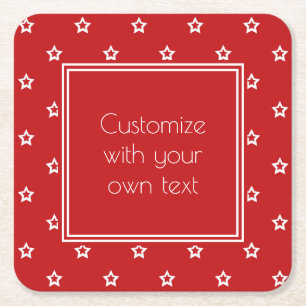 White Stars Pattern on Bright Red Custom Text Square Paper Coaster