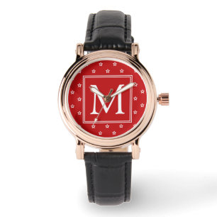 White Stars Pattern on Bright Red Monogram Watch
