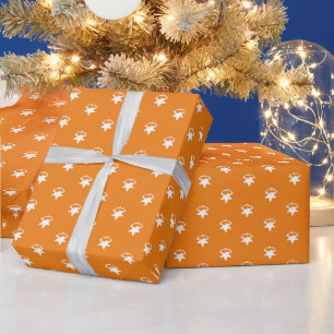 White Stars, Snowflakes, orange Winter Holidays Wrapping Paper
