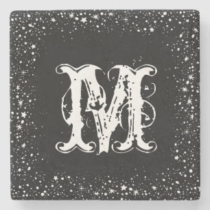 White Stars & Sparkles Frame Black Background Stone Coaster