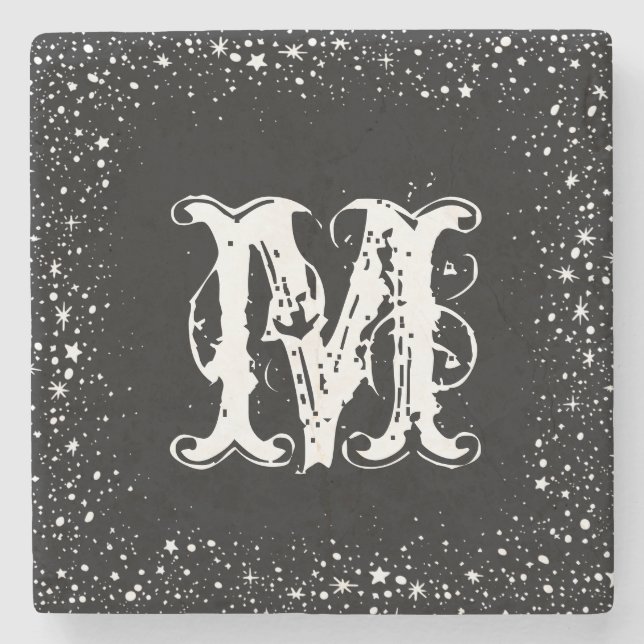 White Stars & Sparkles Frame Black Background Stone Coaster (Front)