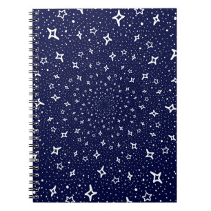 White stars spiral navy purple blue background notebook