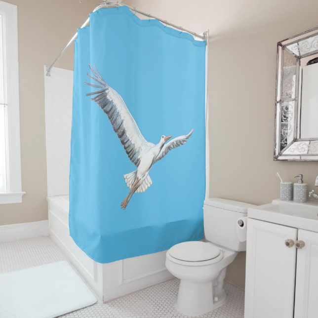 White stork flying  - blue background shower curtain (In Situ)