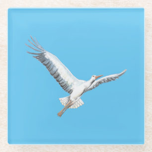 White stork flying glass coaster