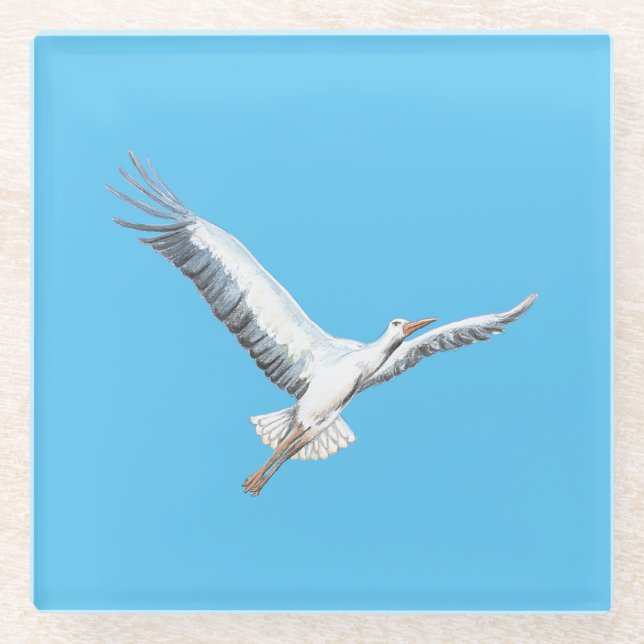 White stork flying  glass coaster (Front)