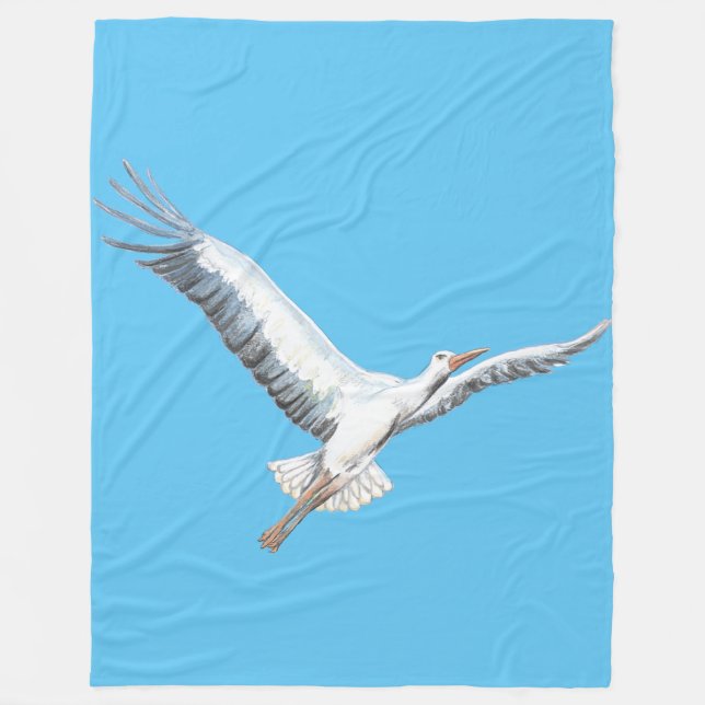 White stork flying on blue background  fleece blanket (Front)
