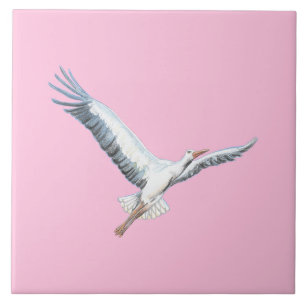 White stork flying pastel pink ceramic tile
