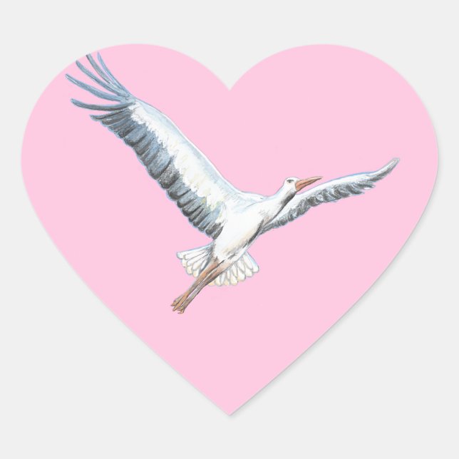 White Stork Flying Pastel Pink Heart Sticker (Front)
