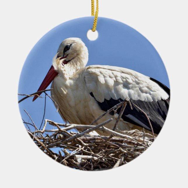 White stork in its nest ceramic ornament (Front)