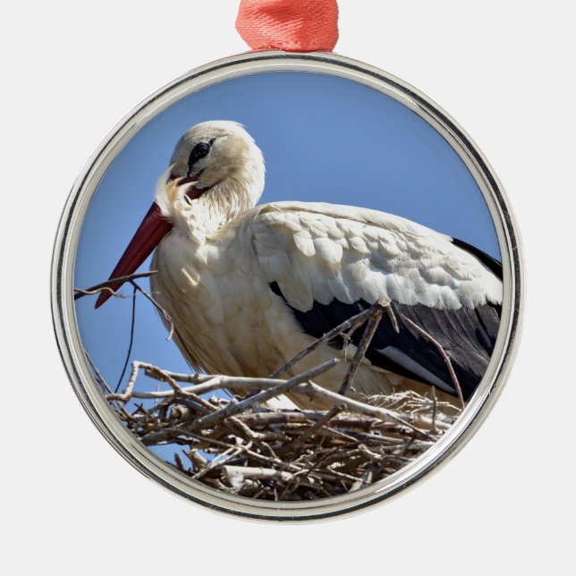 White stork in its nest metal ornament (Front)