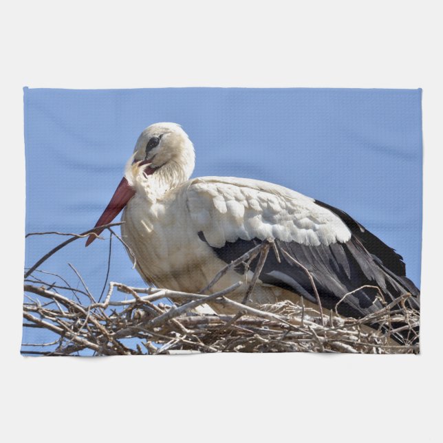 White stork in its nest tea towel (Horizontal)