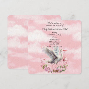 White Stork Pink Baby Girl Invitation