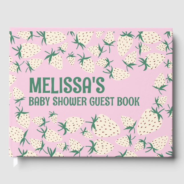 White Strawberry Cute Pineberry CUSTOM BABY SHOWER Guest Book (Front)