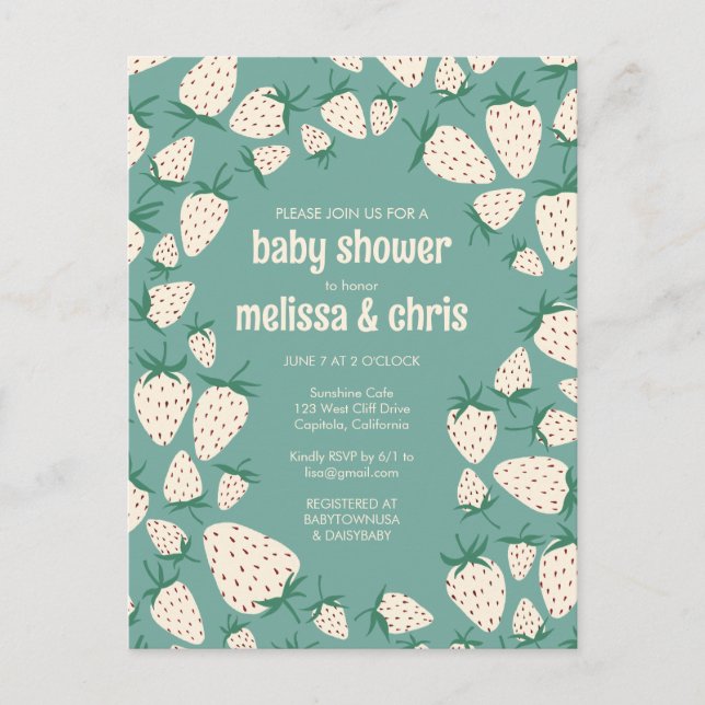 White Strawberry Cute Pineberry CUSTOM BABY SHOWER Invitation Postcard (Front)