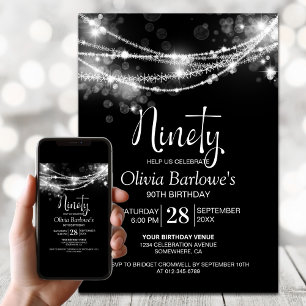 White String Lights Black 90th Birthday Party Invitation