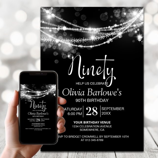 White String Lights Black 90th Birthday Party Invitation (Creator Uploaded)