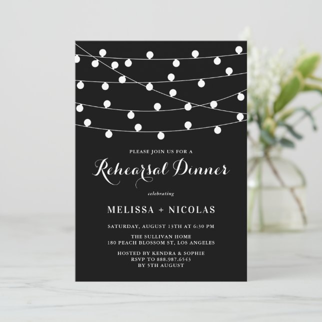 White String Lights Black Rehearsal Dinner Invitation (Standing Front)
