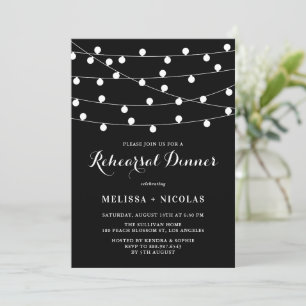 White String Lights Black Rehearsal Dinner Invitation
