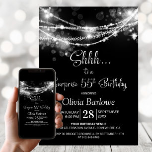White String Lights Black Surprise 55th Birthday Invitation