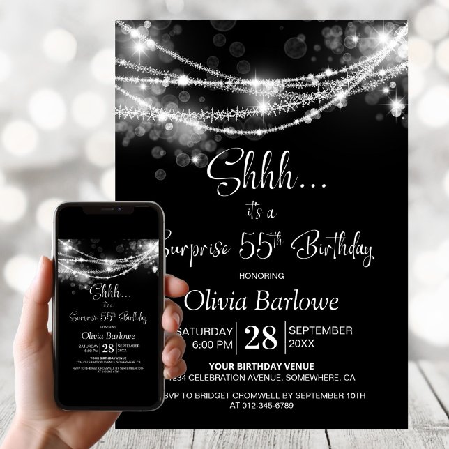 White String Lights Black Surprise 55th Birthday Invitation (Creator Uploaded)