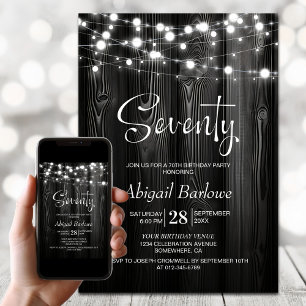 White String Lights Black Wood 70th Birthday Invitation