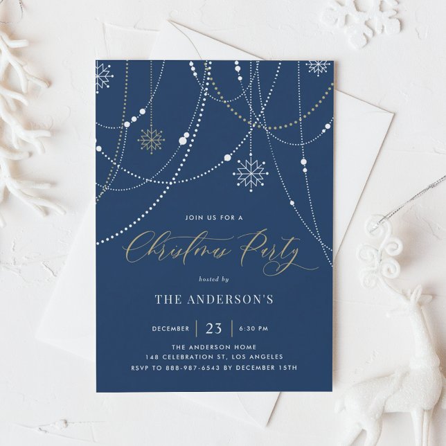 White String Lights Navy Blue Christmas Party  Invitation (Creator Uploaded)