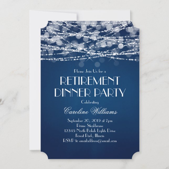 White String Lights on Blue Retirement Invitation (Front)