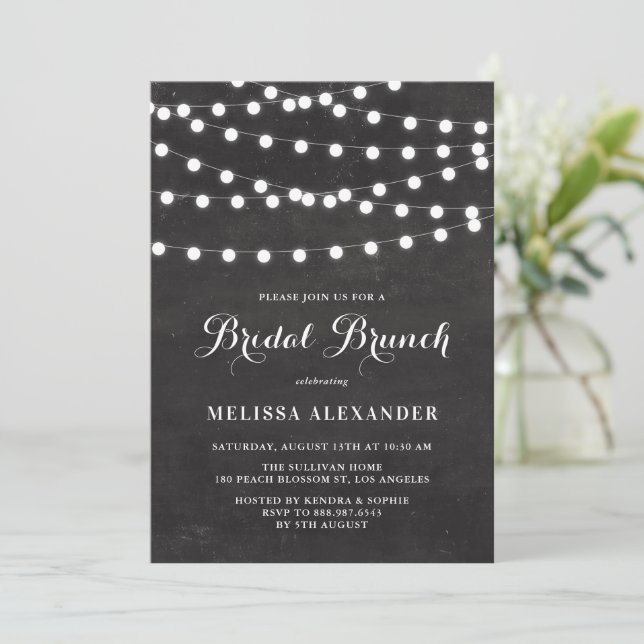 White String Lights on Chalkboard Bridal Brunch Invitation (Standing Front)