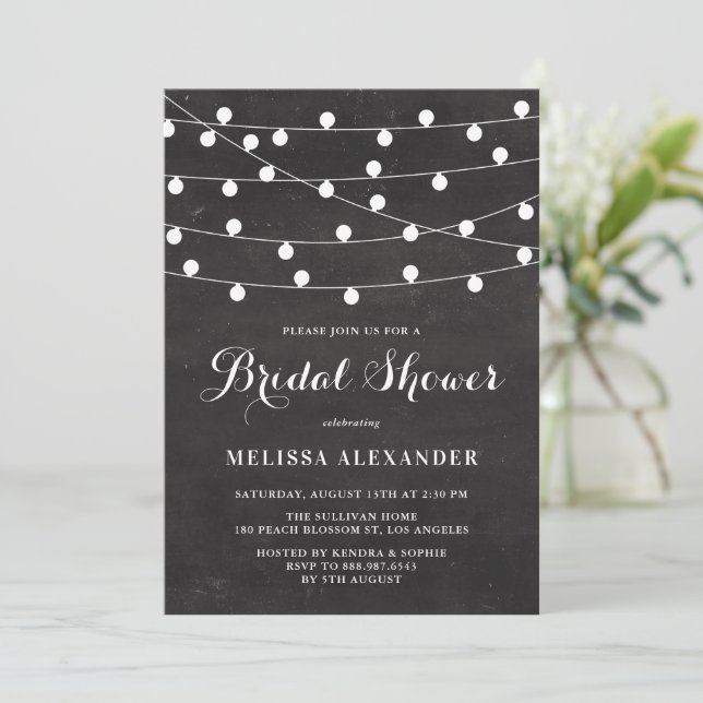 White String Lights on Chalkboard Bridal Shower Invitation (Standing Front)