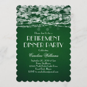 White String Lights on Green Retirement Invitation