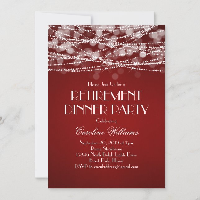 White String Lights on Red Retirement Invitation (Front)