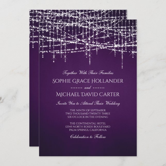 White String Lights on Royal Purple Invitation (Front/Back)