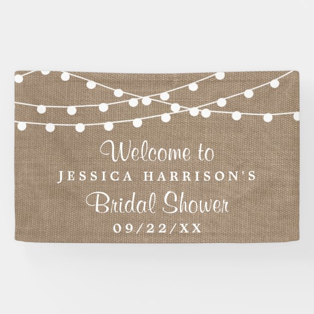 White String Lights On Rustic Burlap Bridal Shower Banner (Horizontal)