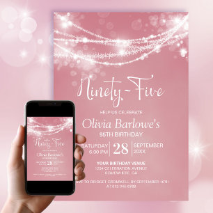 White String Lights Pink 95th Birthday Party Invitation