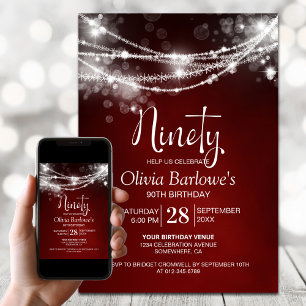 White String Lights Red 90th Birthday Party Invitation