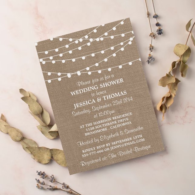 White String Lights, Rustic Burlap Wedding Shower Invitation (Creator Uploaded)