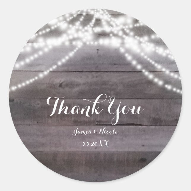White String lights & Rustic Wood Favour Classic Round Sticker (Front)