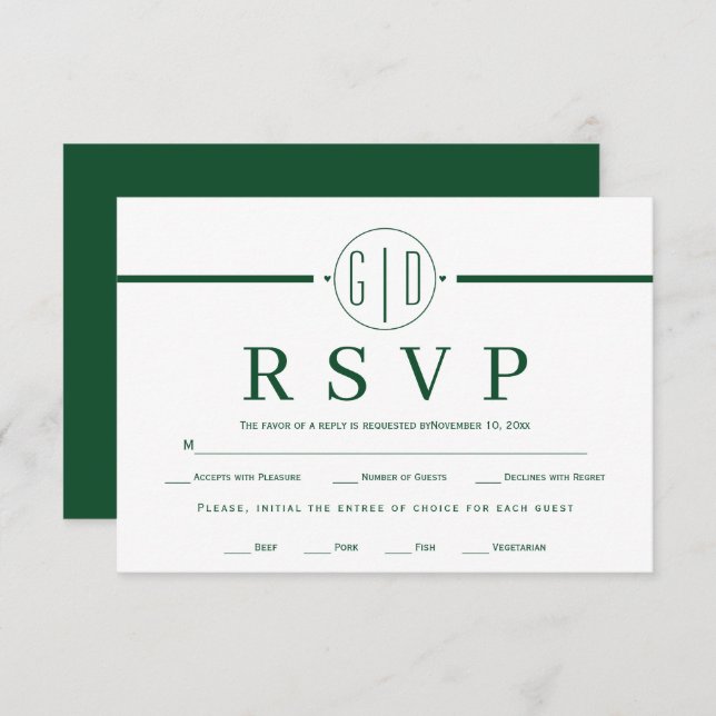 White stripe initials formal emerald green wedding RSVP card (Front/Back)