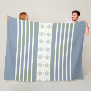 White Stripe With Blue Floral Accented Fleece Blanket