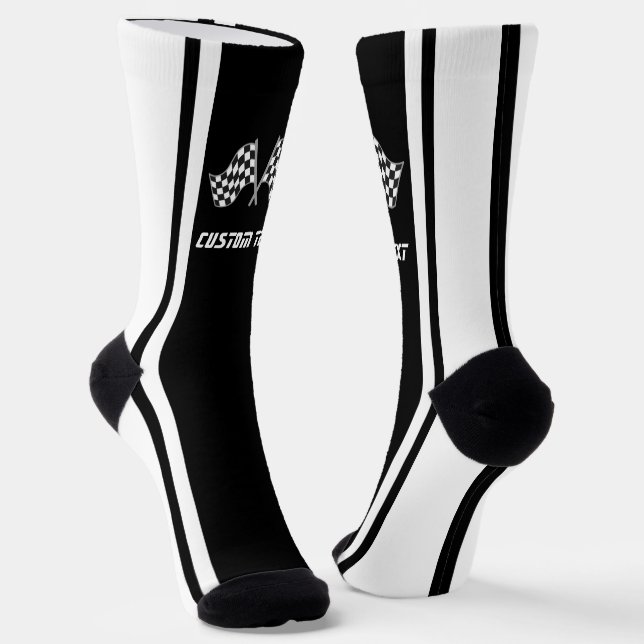 White Striped Racing Car Flags - Personalised Socks (Angled)