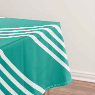 White Striped Teal Tablecloth