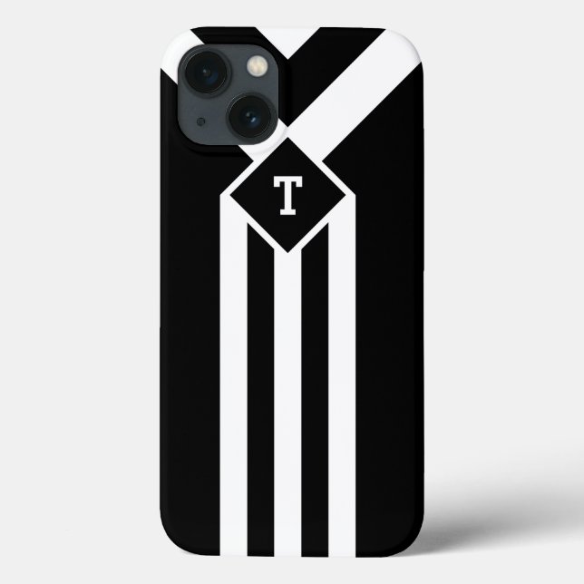 White Stripes and Chevrons on Black with Monogram Case-Mate iPhone Case (Back)