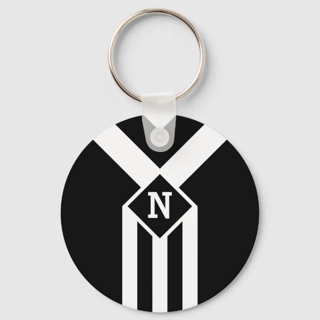 White Stripes and Chevrons on Black with Monogram Key Ring (Front)