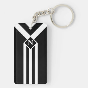 White Stripes and Chevrons on Black with Monogram Key Ring