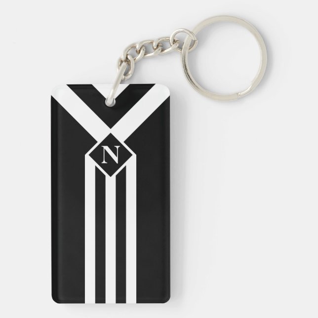 White Stripes and Chevrons on Black with Monogram Key Ring (Back)