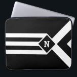 White Stripes and Chevrons on Black with Monogram Laptop Sleeve<br><div class="desc">Bold mostly black geometric pattern features three alternating white and black chevrons that end at a black diamond outlined with white. It looks like a stylised medal hanging from a ribbon. The diamond contains a customisable monogram. Three white stripes extend from the bottom of the diamond to the base of...</div>