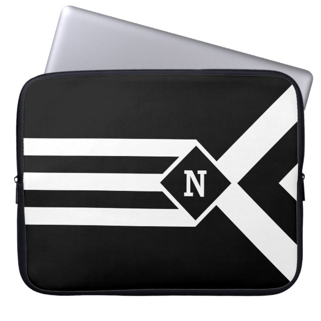 White Stripes and Chevrons on Black with Monogram Laptop Sleeve (Front)